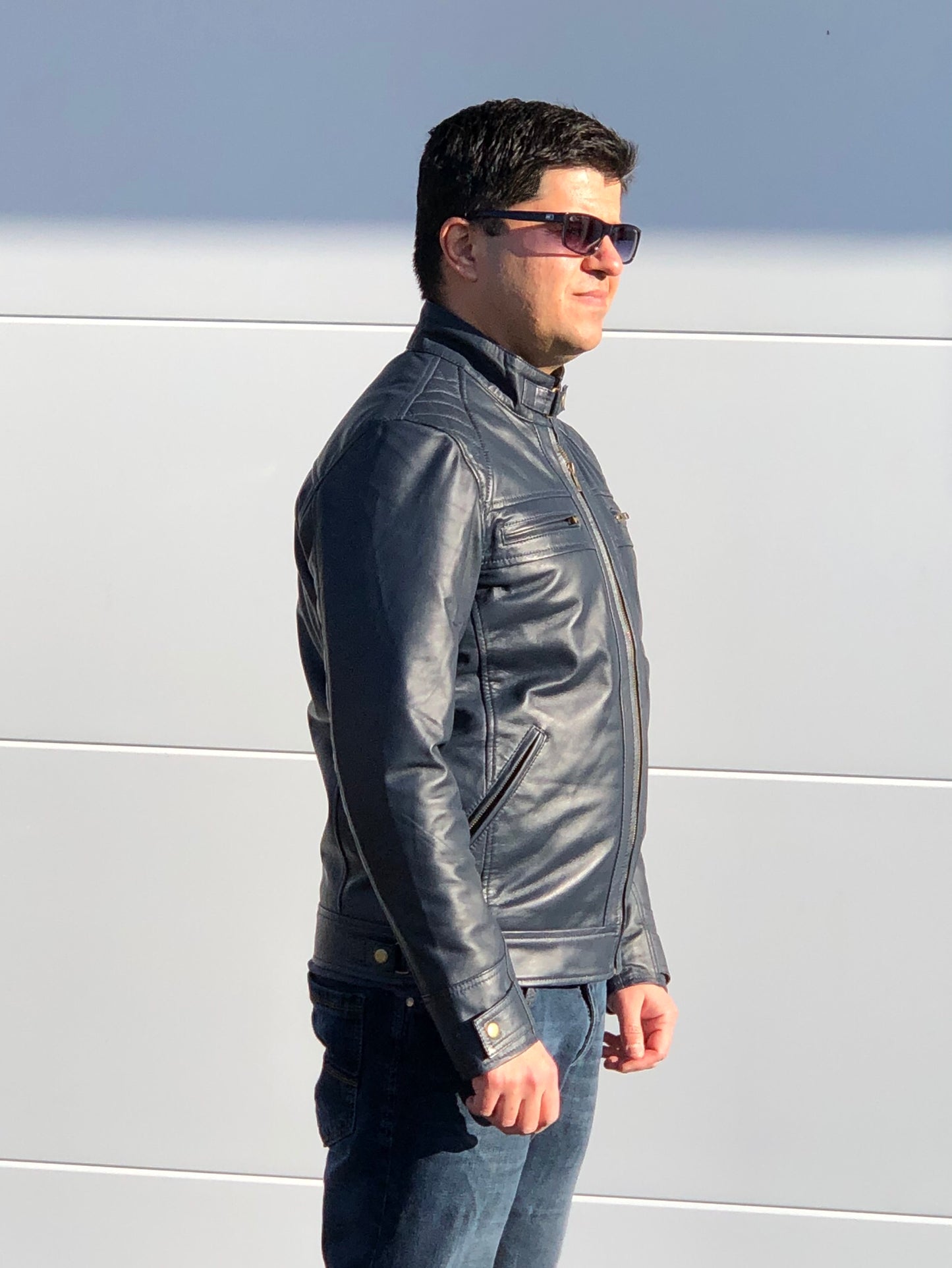 Rotterdam Urban Men Leather Jacket (Dark Blue)